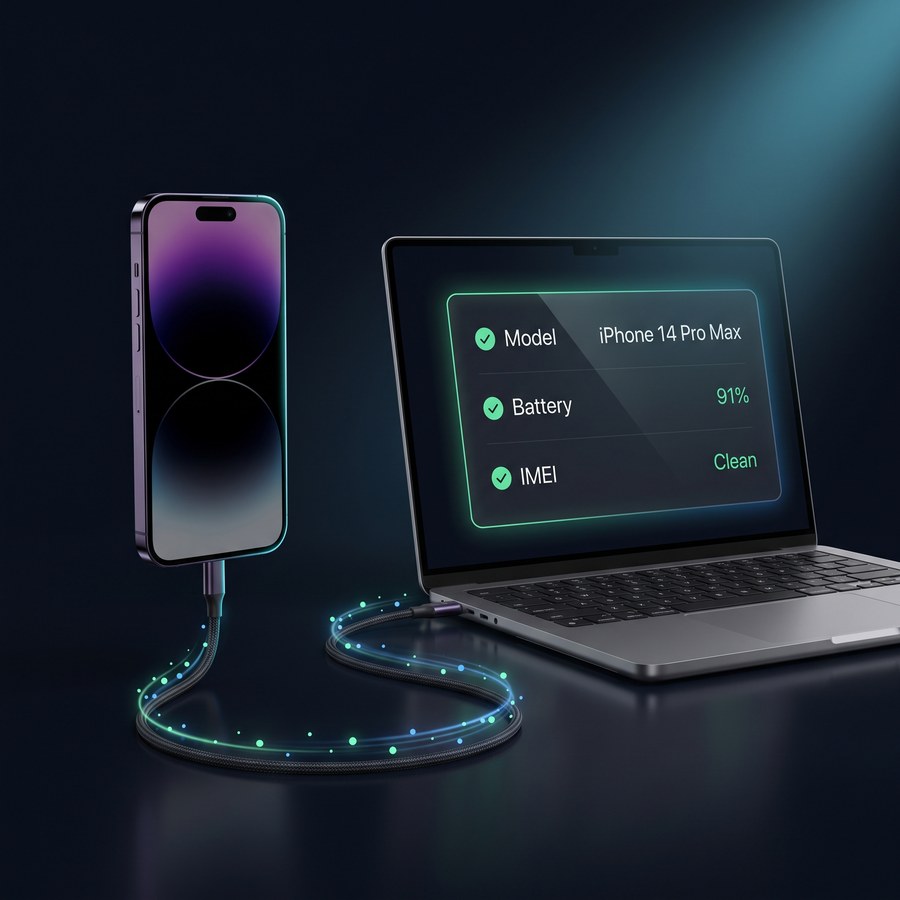 A phone connected by cable to a laptop, data flowing across